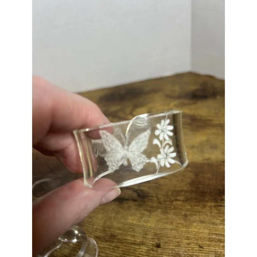 Vintage Clear Plastic Napkin Rings Holder Butterfly Floral Etched Boho Set of 4